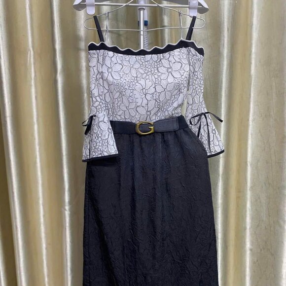 Dresses & Skirts - Lace Off-Shoulder Dress with Bell Sleeves and Belt
